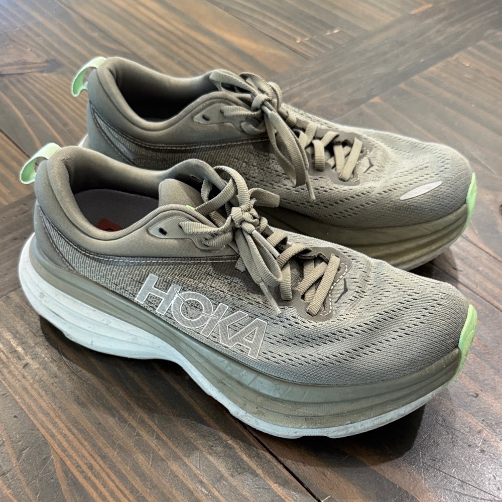 Hoka Olive Gray Running Sneakers with Lime Highlights